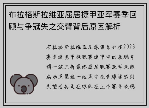 布拉格斯拉维亚屈居捷甲亚军赛季回顾与争冠失之交臂背后原因解析
